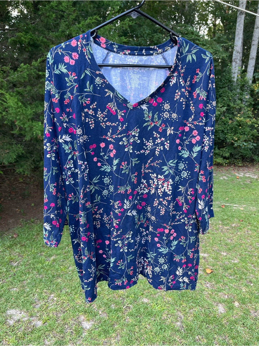 St. John's Bay Navy Floral V-Neck Long Sleeve Top